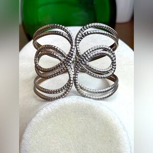 Modern Silver Tone Sculpted Cuff Bracelet–Textured Loops with Hinge – Statement
